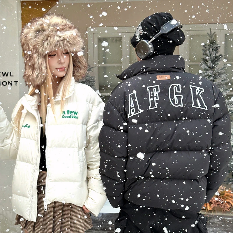 AFGK冬季刺绣羽绒服白鸭绒立领国潮外套短款保暖防寒百搭情侣加厚
