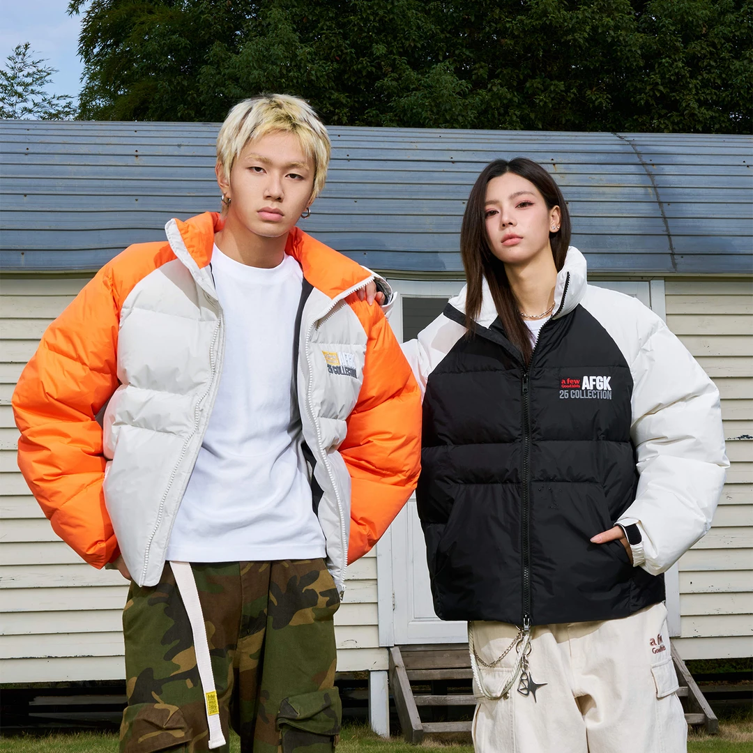 AFGK24FW插肩袖拼色无帽立领羽绒服国潮冬季男女加厚保暖情侣外套