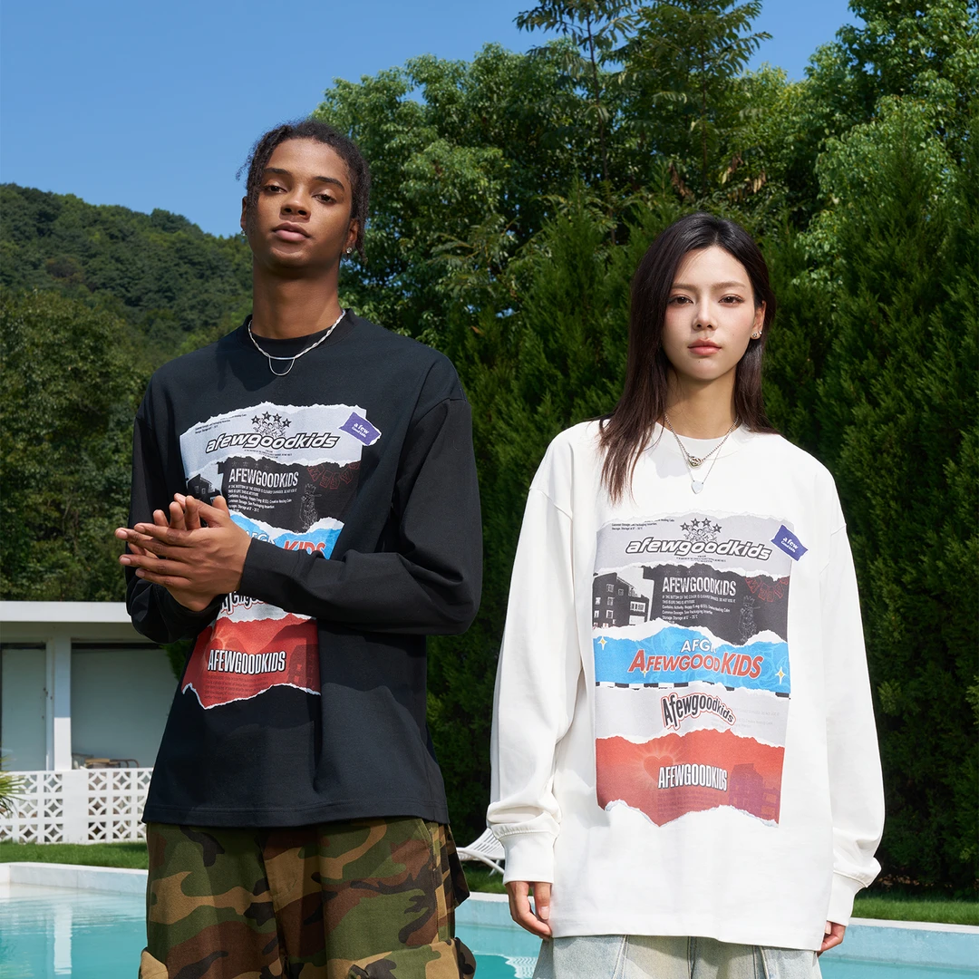 AFGK新款美式撕纸海报长袖T恤男女潮牌休闲打底衫春秋情侣上衣