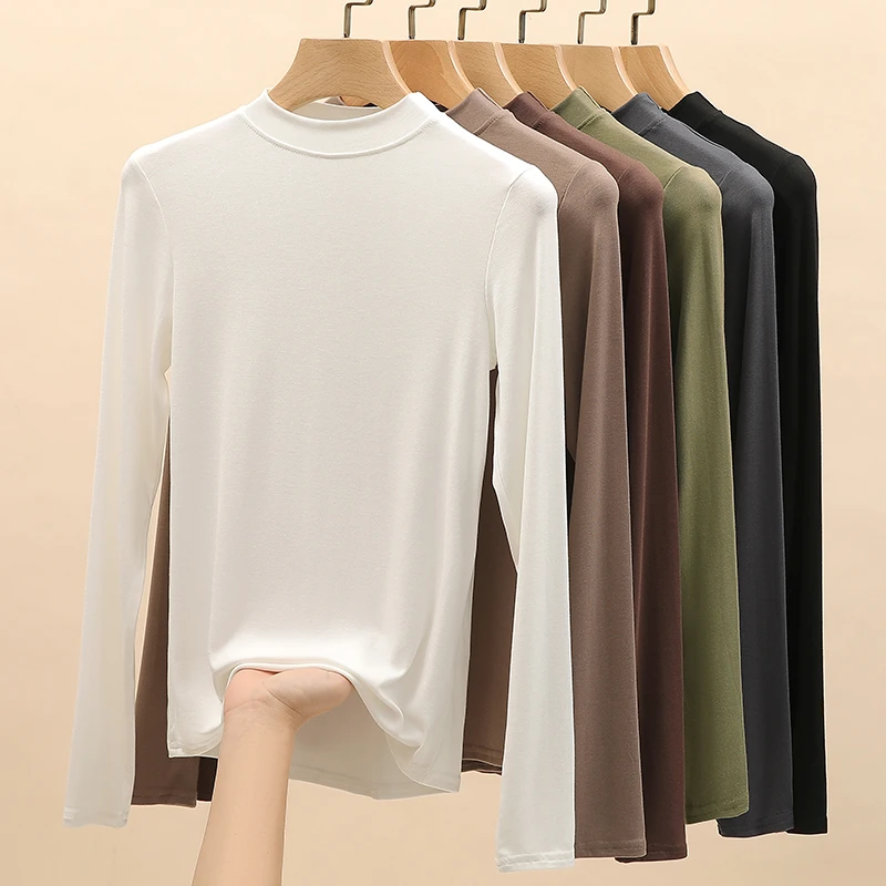 圆领打底衫女2023新款春秋冬季内搭纯色修身显瘦长袖上衣中领T恤