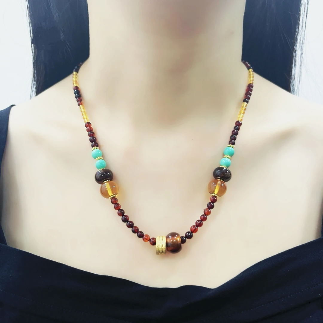多巴胺缅甸琥珀小米珠妈妈链锁骨链项链女款手工古编织编绳民族风
