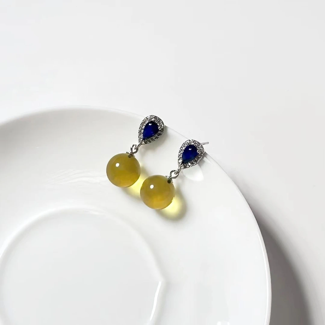 墨西哥蓝珀银水滴耳环10mm+琥珀女士精致 鸡油黄银镀气质