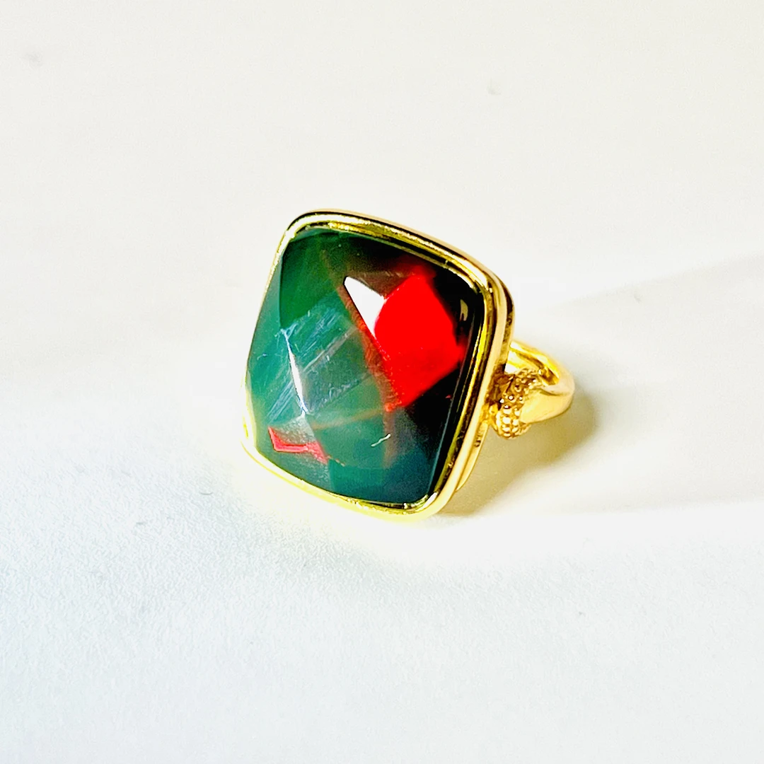 红蓝珀大方糖钻切面戒指手工气质轻奢时尚绿色复古简约