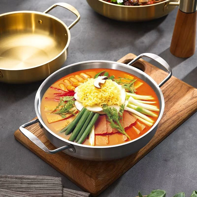 韩式不锈钢泡面锅单人小火锅银色双耳平底干锅仔家用海鲜汤锅