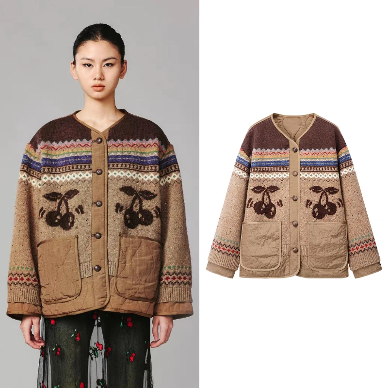 U1025【乌】2025春季新款正反两穿动感樱桃费尔岛棉服毛开衫外套