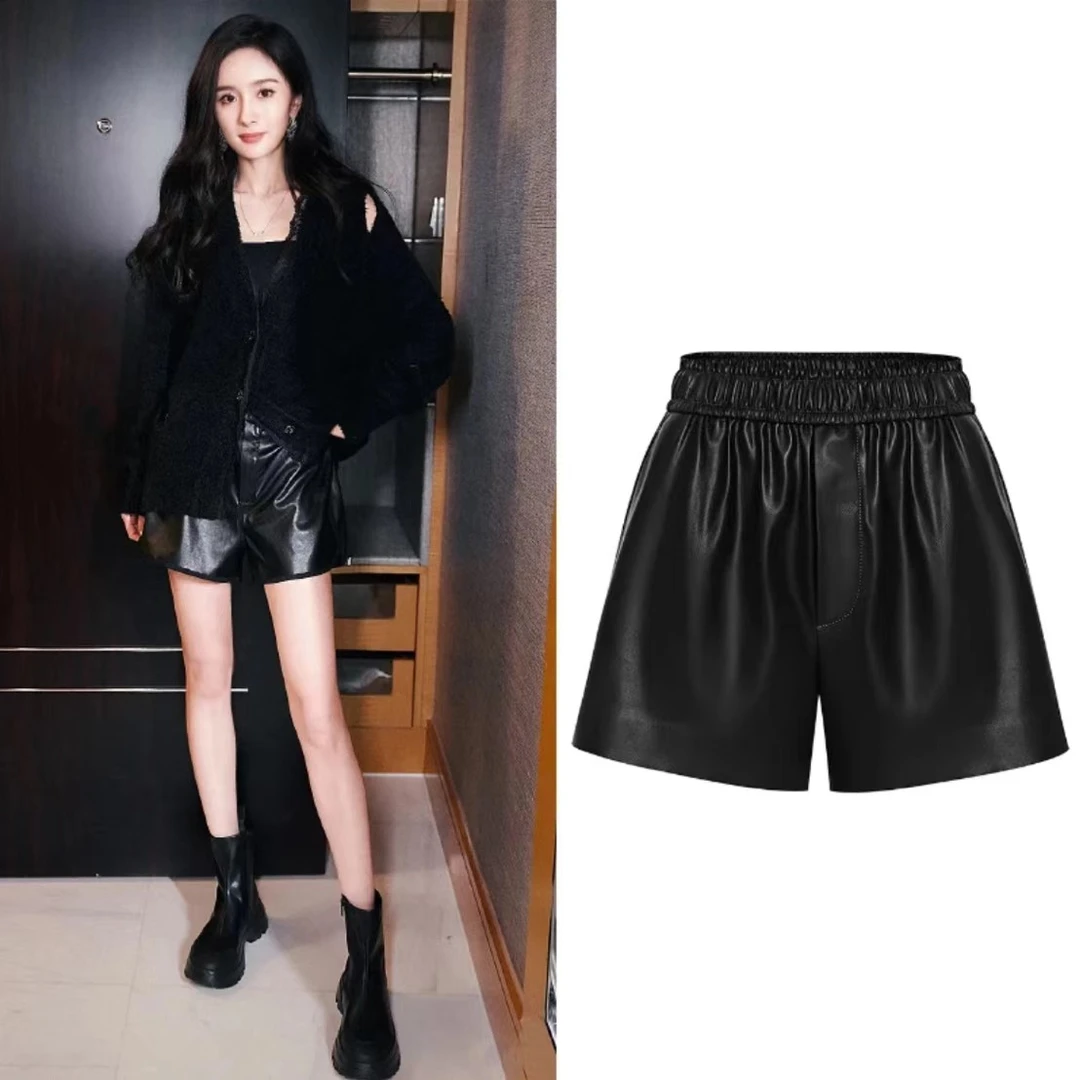 B9132【M】2025春季新款重工压胶蛋白皮松紧高腰宽松短裤休闲裤女