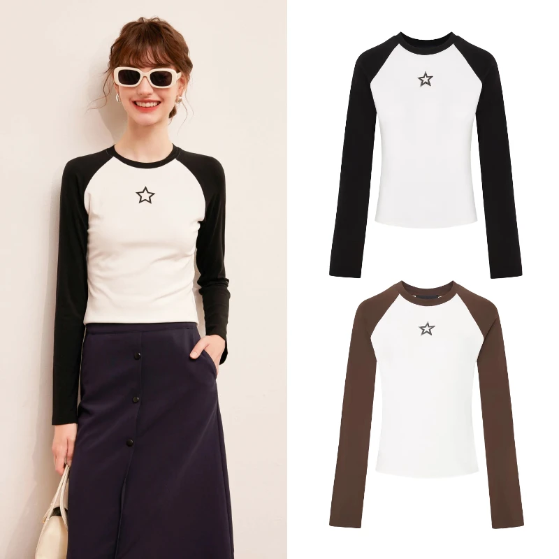1080【M】水浆星星图案美式撞色插肩袖圆领短款棉质弹力休闲长袖T恤