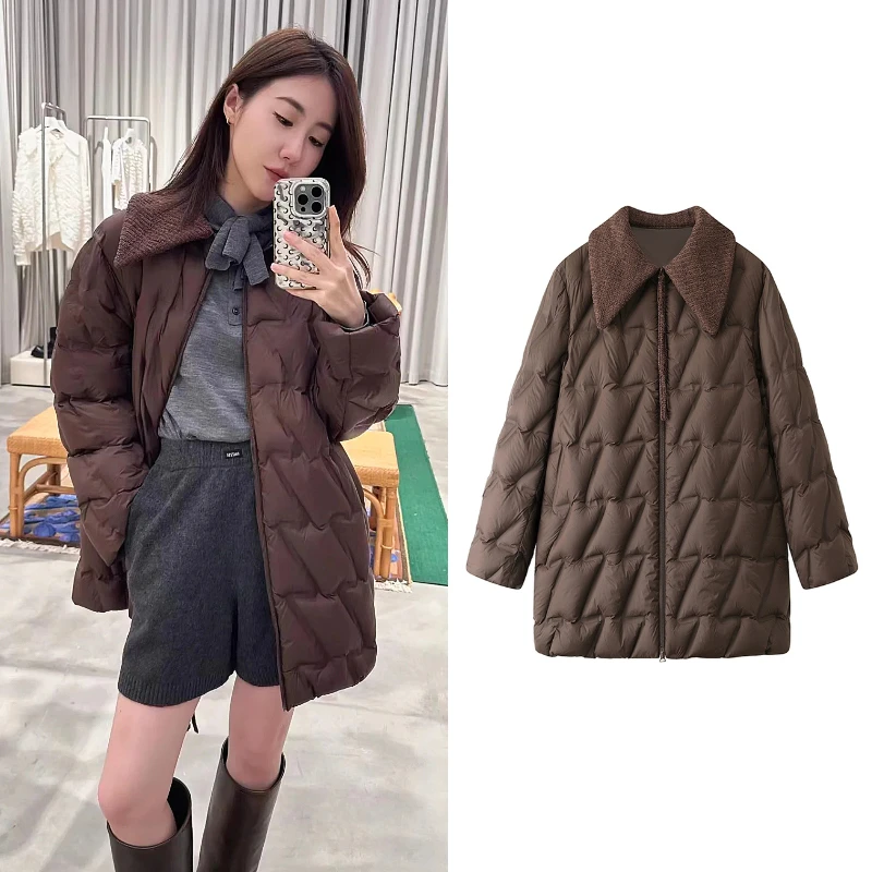 V0244【D】羽绒服2024年冬季新毛衫领中长绗缝时尚华夫饼长袖外套女