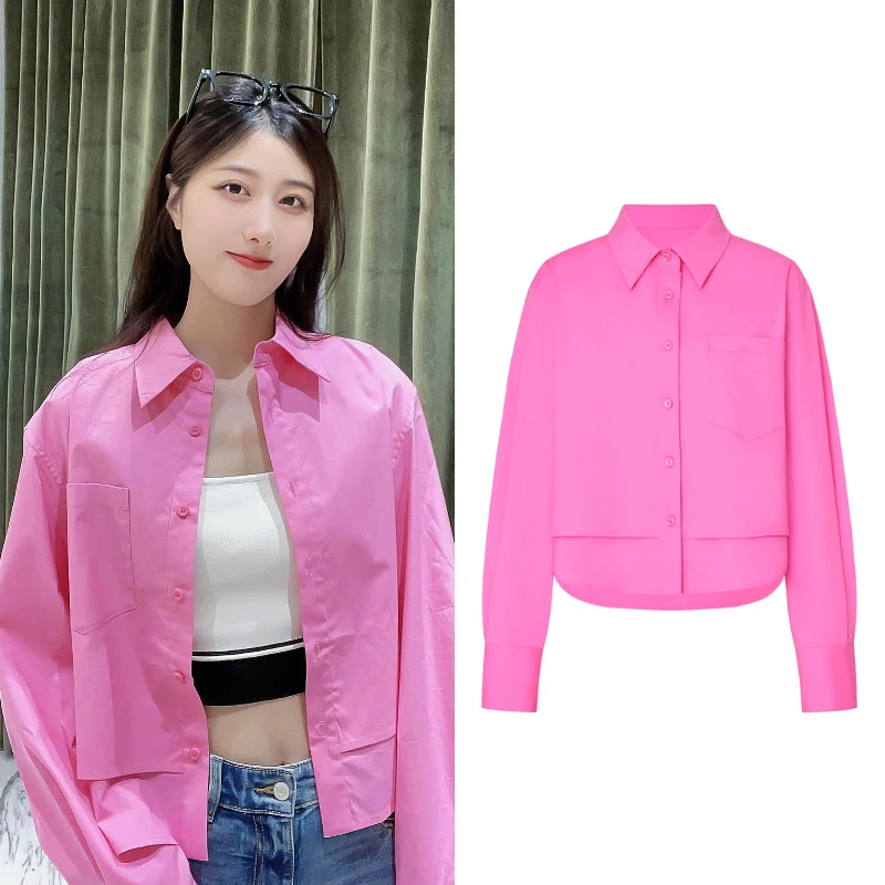 8129【M】双层前短后长短款棉衬衫宽松长袖时尚衬衣