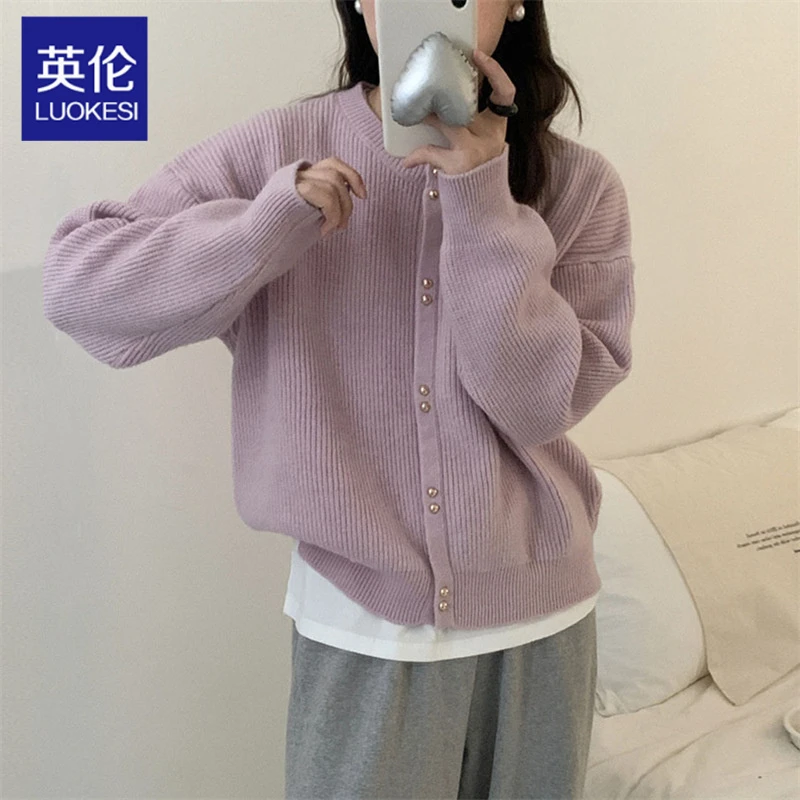 韩系女装2024秋冬新款小金扣针织开衫女圆领软糯女式长袖毛衣外套