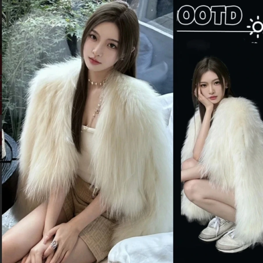 人造皮草 2024新款小香风白色仿狐狸毛毛外套女秋冬皮毛外套大衣