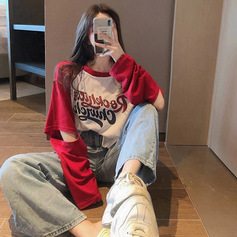 网红撞色ins长袖T恤女2024年新款破洞印花宽松百搭小众设计感上衣