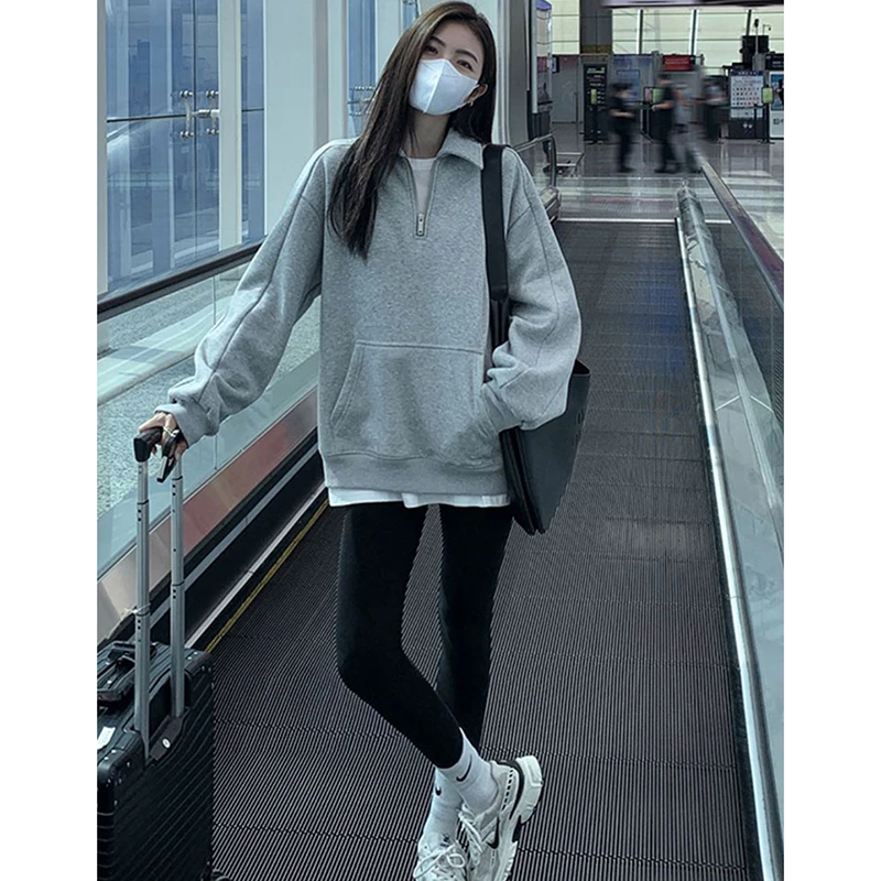 2023秋冬新款中长款遮屁股加绒加厚半拉链polo领灰色卫衣外套女款