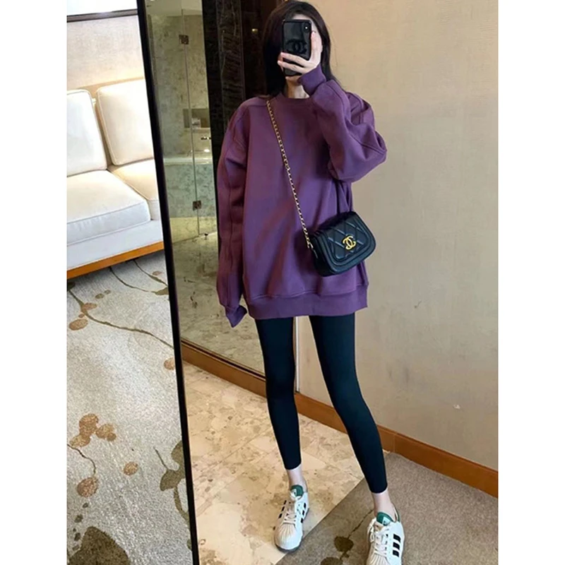 韩式清晰潮牌圆领卫衣女款秋冬oversize加绒加厚高级感脏紫色上衣