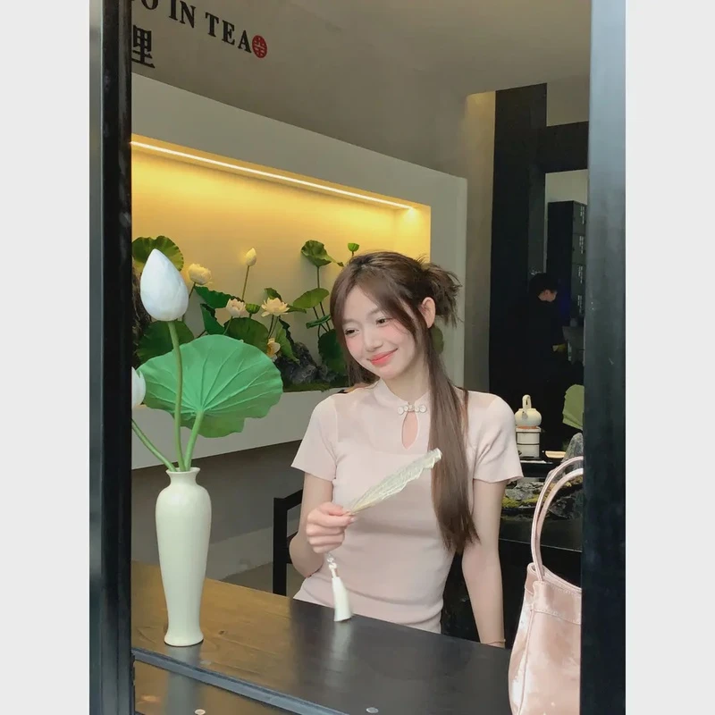 【清清】万万不熬夜【约会日-短袖版】新中式穿搭盘扣针织衫半裙套装