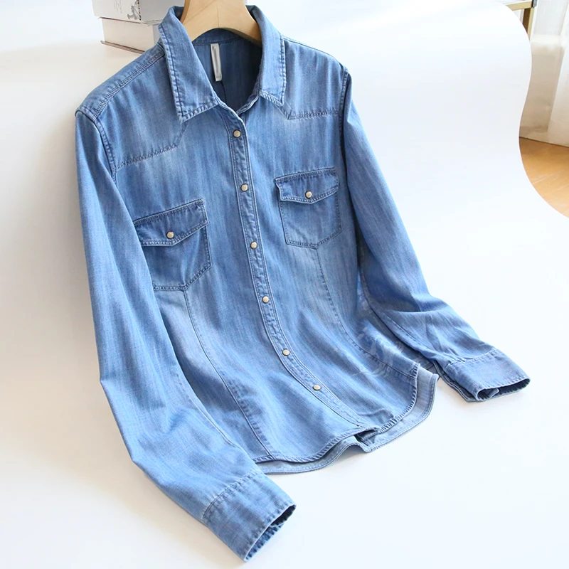 春秋新款牛仔衬衫百搭修身长袖气质显瘦梅花图案小个子女打底衬衣