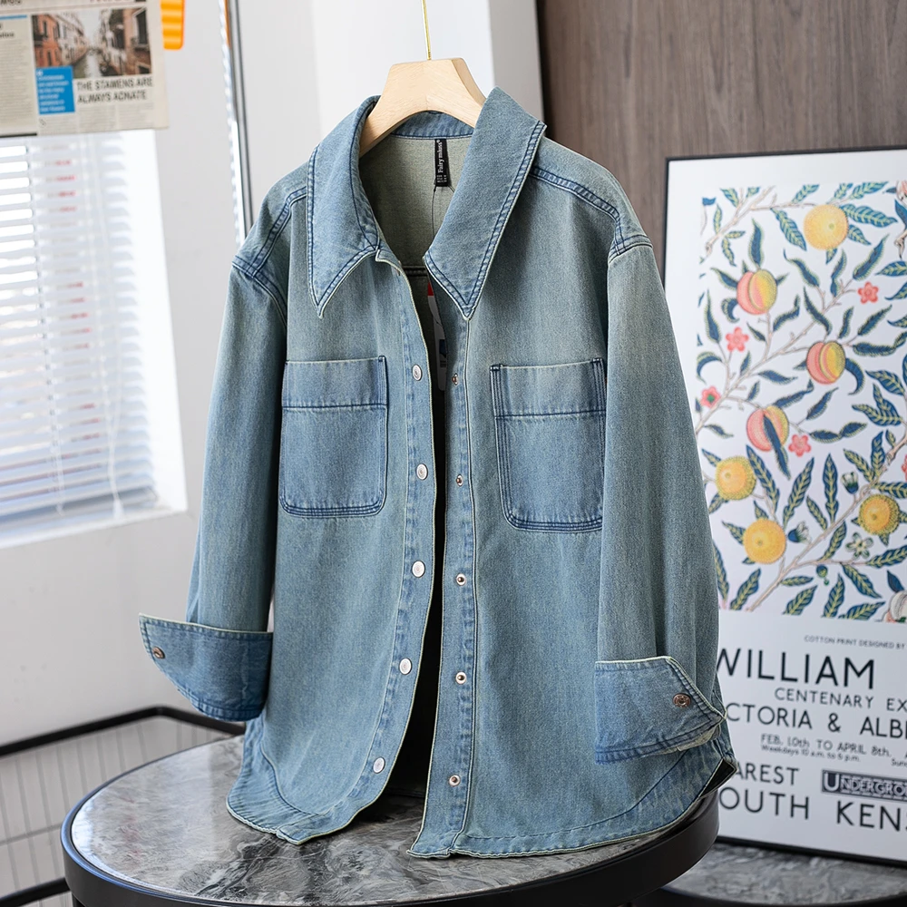 2024新款高端全棉水洗牛仔衬衫女设计感小众宽松休闲大码上衣外套