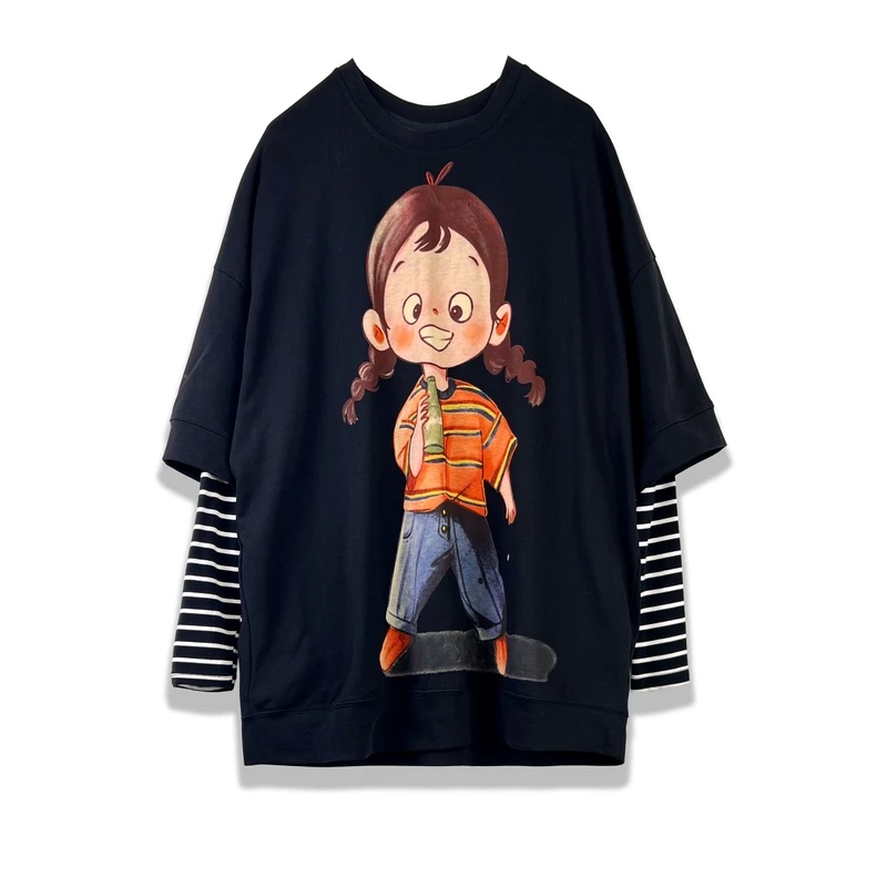 【OVERSIZE LIN】大码休闲通勤百搭时尚卫衣小辩女孩条纹假两件