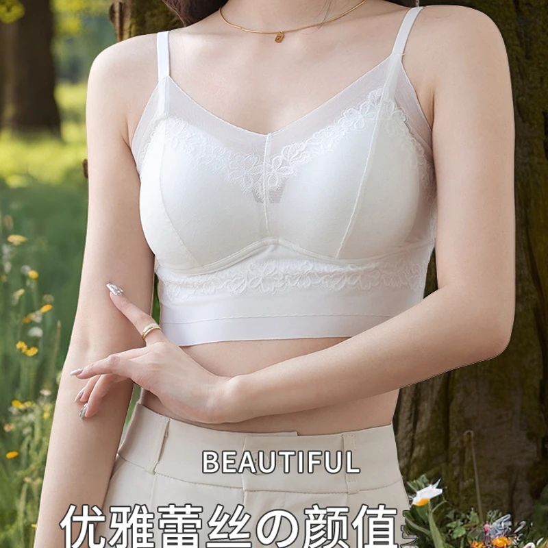蕾丝小胸美背内衣一体吊带女士春夏短款小胸聚拢内衣胸垫打底背心