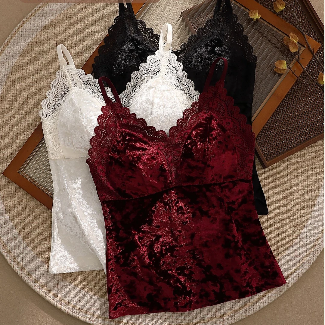 新款秋冬金丝绒打底吊带背心女士舒适内搭修身带胸垫聚拢内衣美背