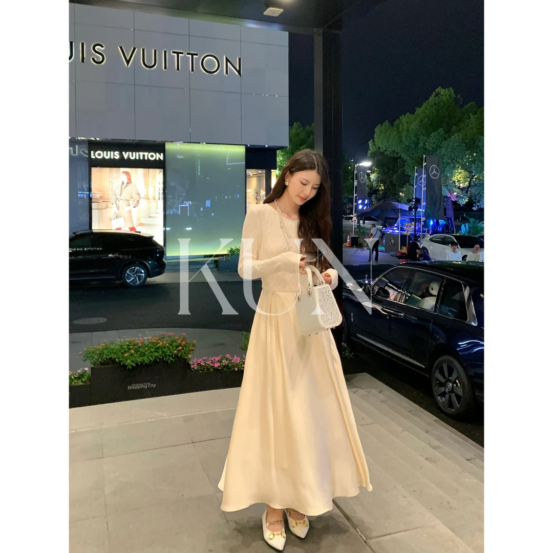 KUN【圣柏拉】针织提花亲肤拼接设计感高级连衣裙名媛气质优雅法式