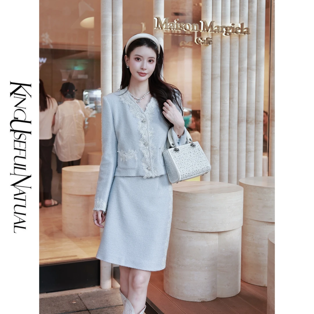 KUN【夏洛特小姐】秋日初恋 蓝银丝细闪面料针织拼蕾丝织带小香套装