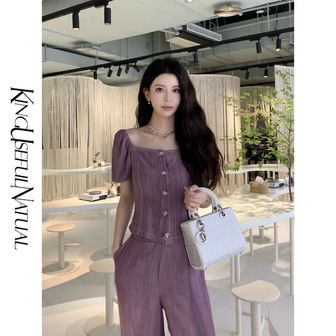 KUN【绝绝紫】天丝 自带肌理感扎染压皱泡泡袖短袖直筒裤套装
