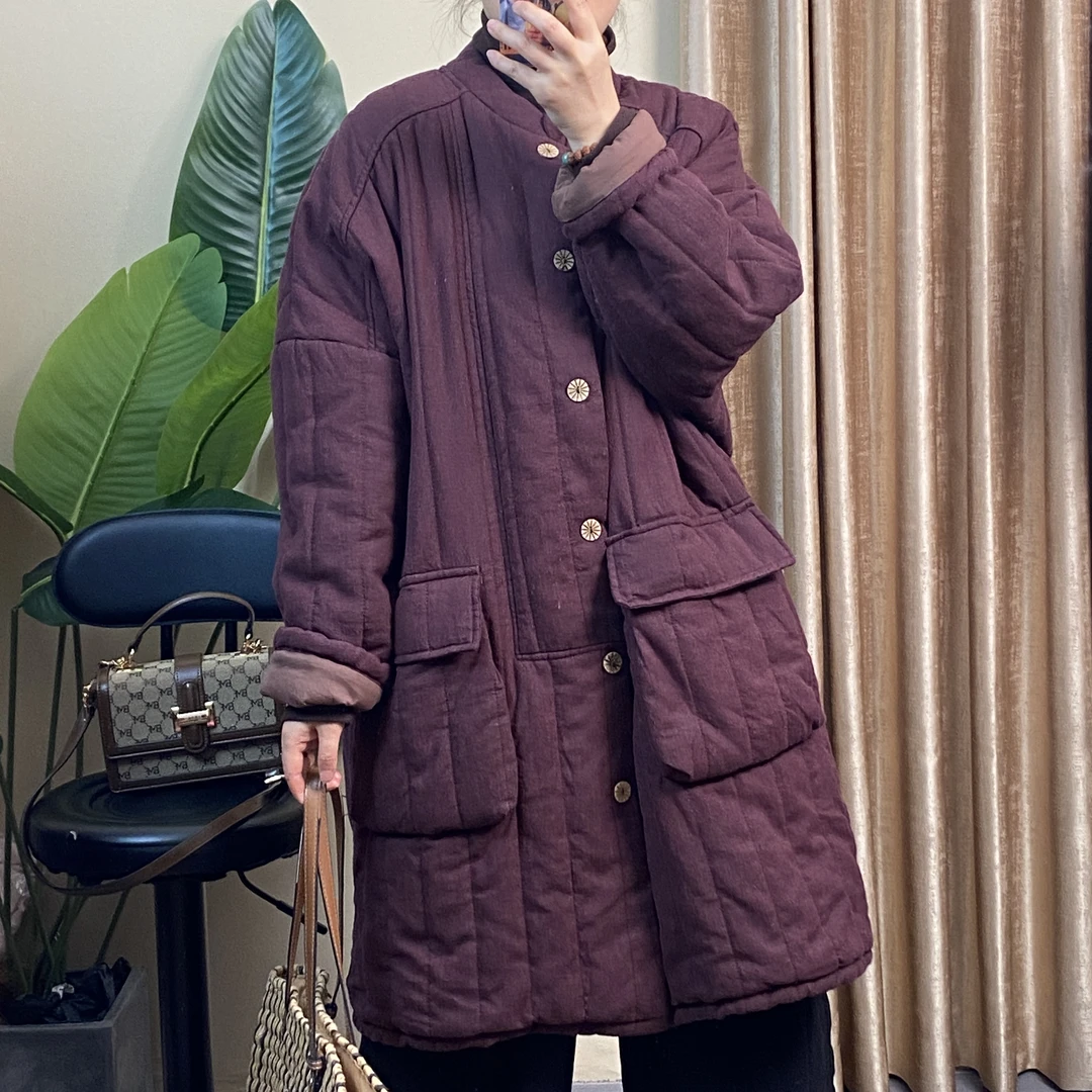 冬季新款加宽加大女士落肩复古宽松棉衣加厚休闲文艺百搭外套