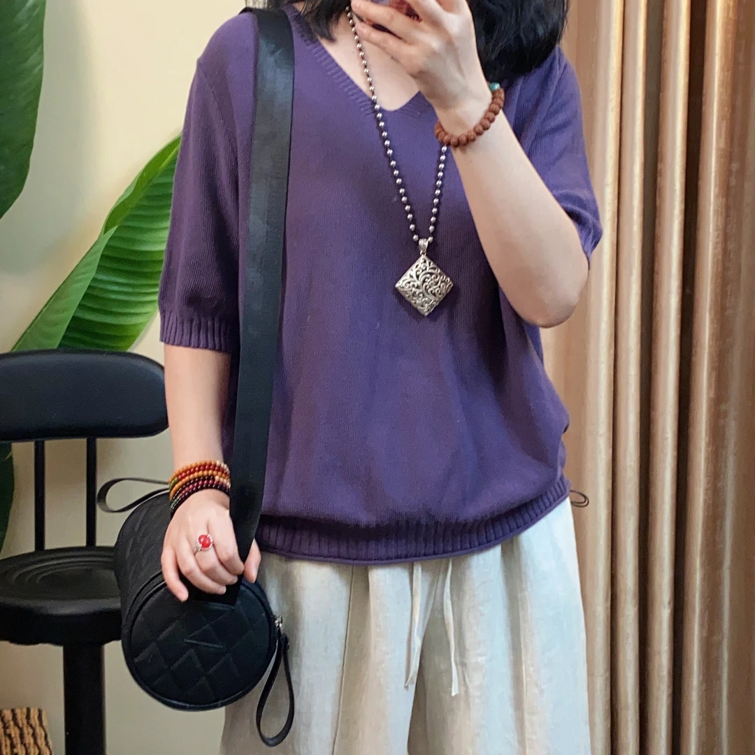 女夏季新款针织上衣宽松文艺复古百搭纯色休闲V领针织T恤衫