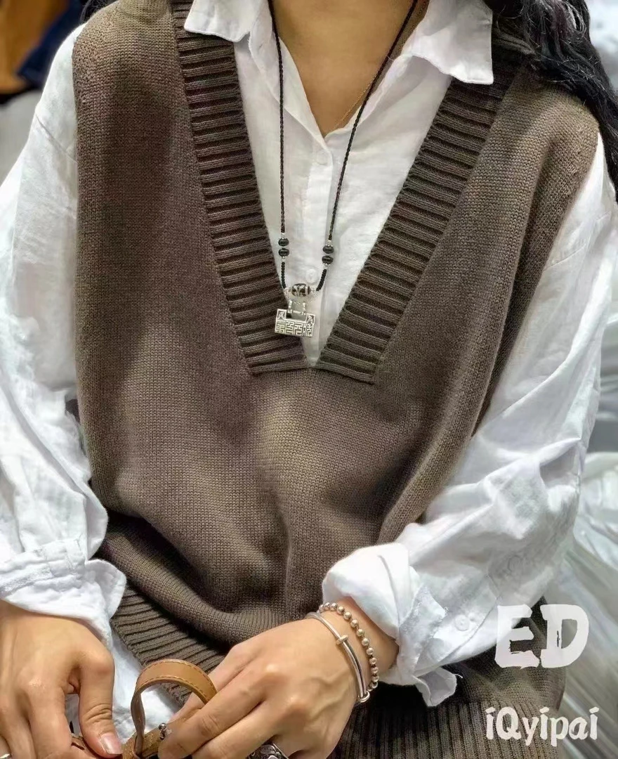 芳姐 7636文艺宽松休闲纯色针织显瘦外套短款百搭背心麻棉马甲