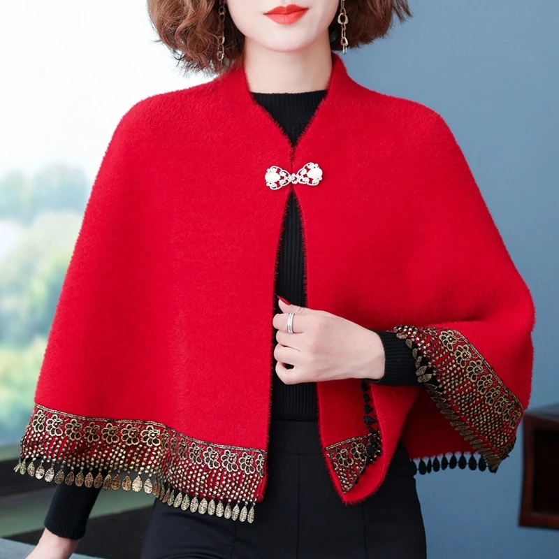 秋冬配旗袍外搭斗篷披肩开衫女短款妈妈装仿水貂绒礼服小坎肩外套