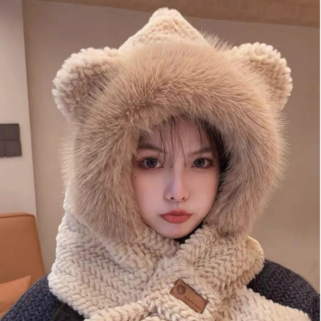 A43可爱小熊帽子围巾一体女冬季雷锋帽加绒保暖护耳防寒帽潮