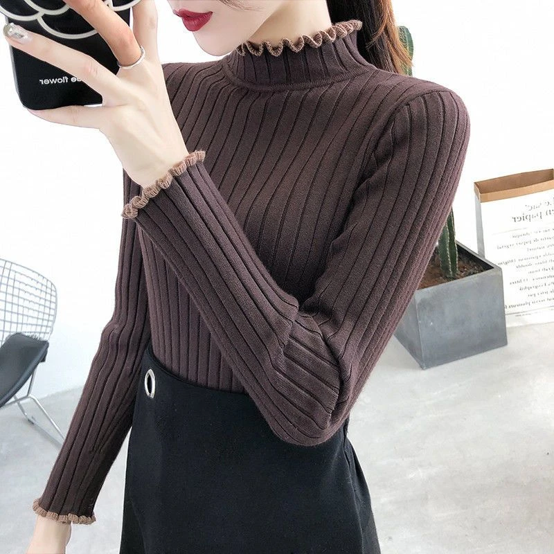 秋冬新款木耳边加厚半高领内搭毛衣女套头短款修身针织长袖针织衫