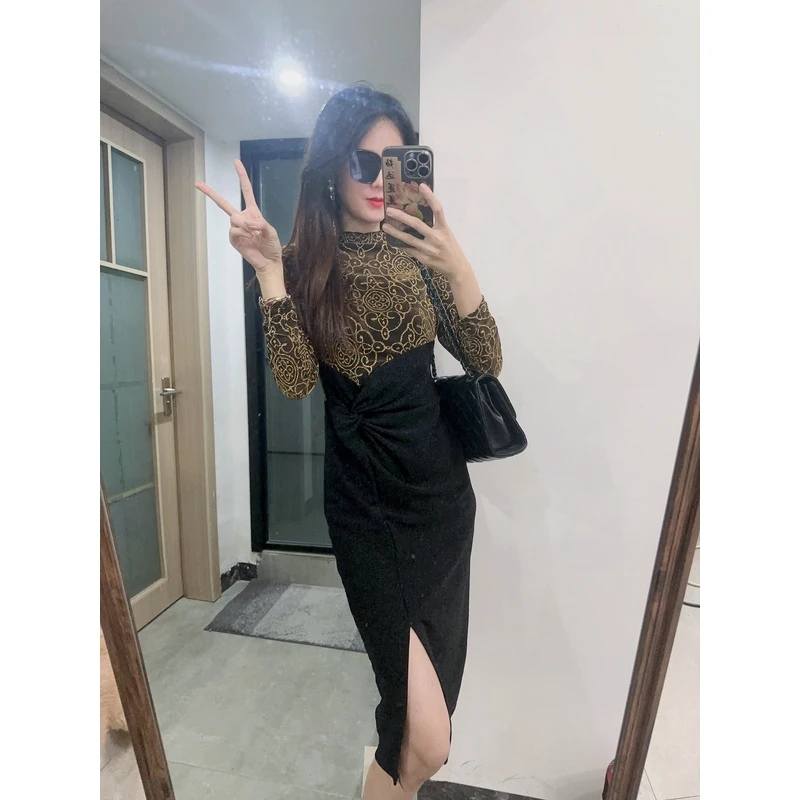 【奥利薇镂空】金丝假两件拼接连衣裙新款女轻熟御姐风裙修身开叉