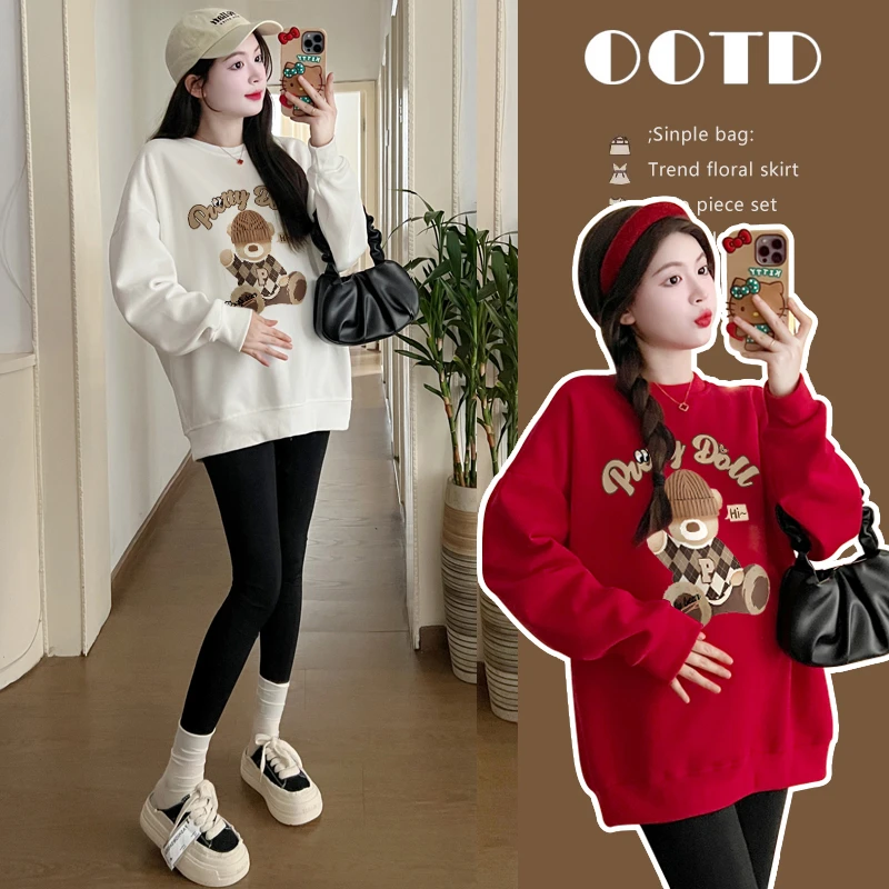 孕妇装卫衣秋冬加绒加厚小熊上衣喜庆红色显瘦时尚百搭孕妇上衣