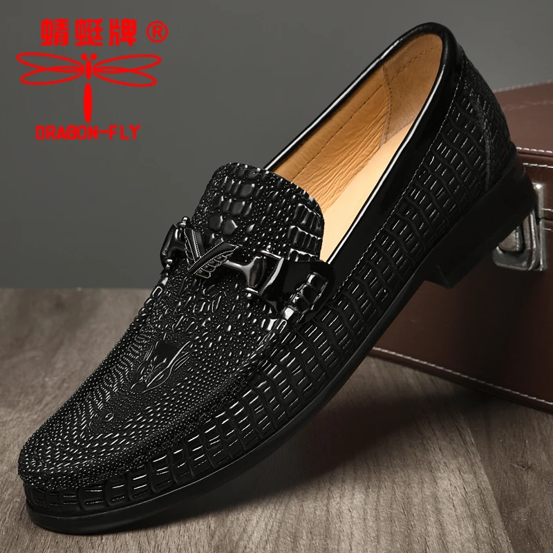 蜻蜓牌高端新款豆豆鞋男真牛皮一脚蹬英伦休闲皮鞋商务正装乐福鞋