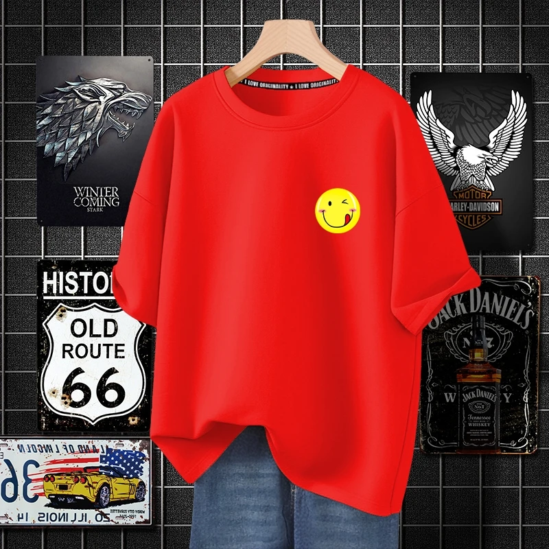 笑脸团服全棉重磅体恤衫男短袖t恤宽松大码潮流队服胸前印花衣服