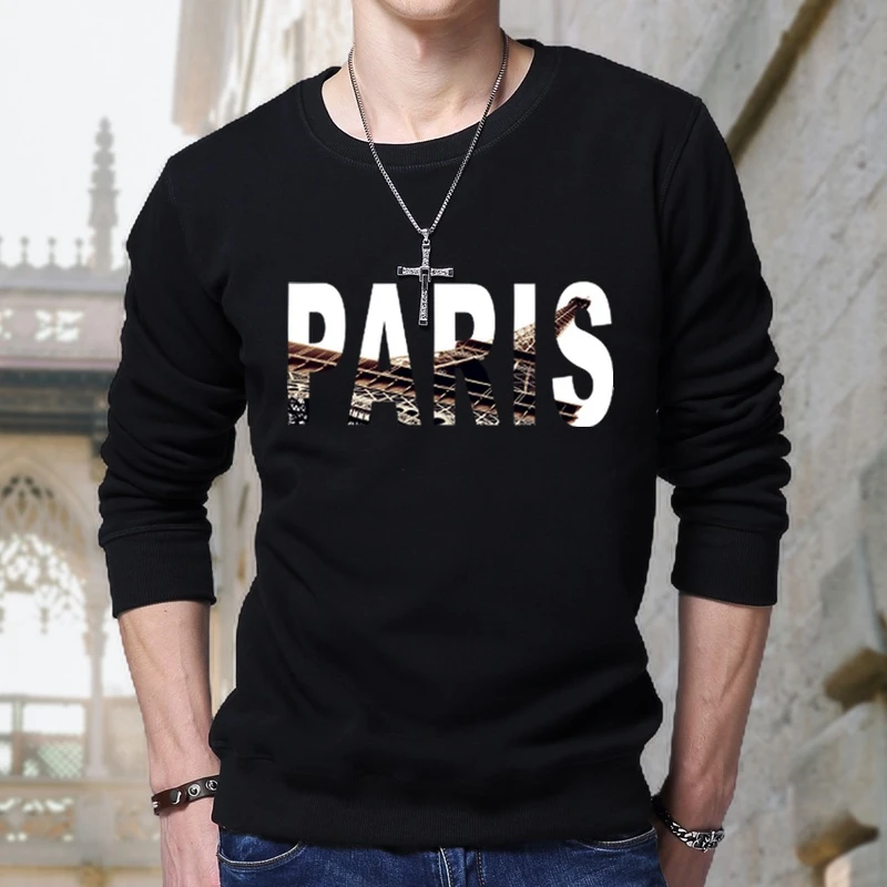 季冬季美式复古巴黎卫衣男潮流加绒加厚长袖无帽宽松百搭上衣服