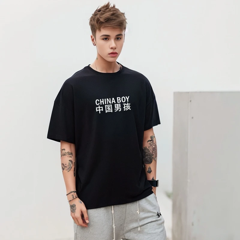 中国男孩潮流纯棉圆领短袖t恤男宽松青少年夏季潮牌ins设计感体恤
