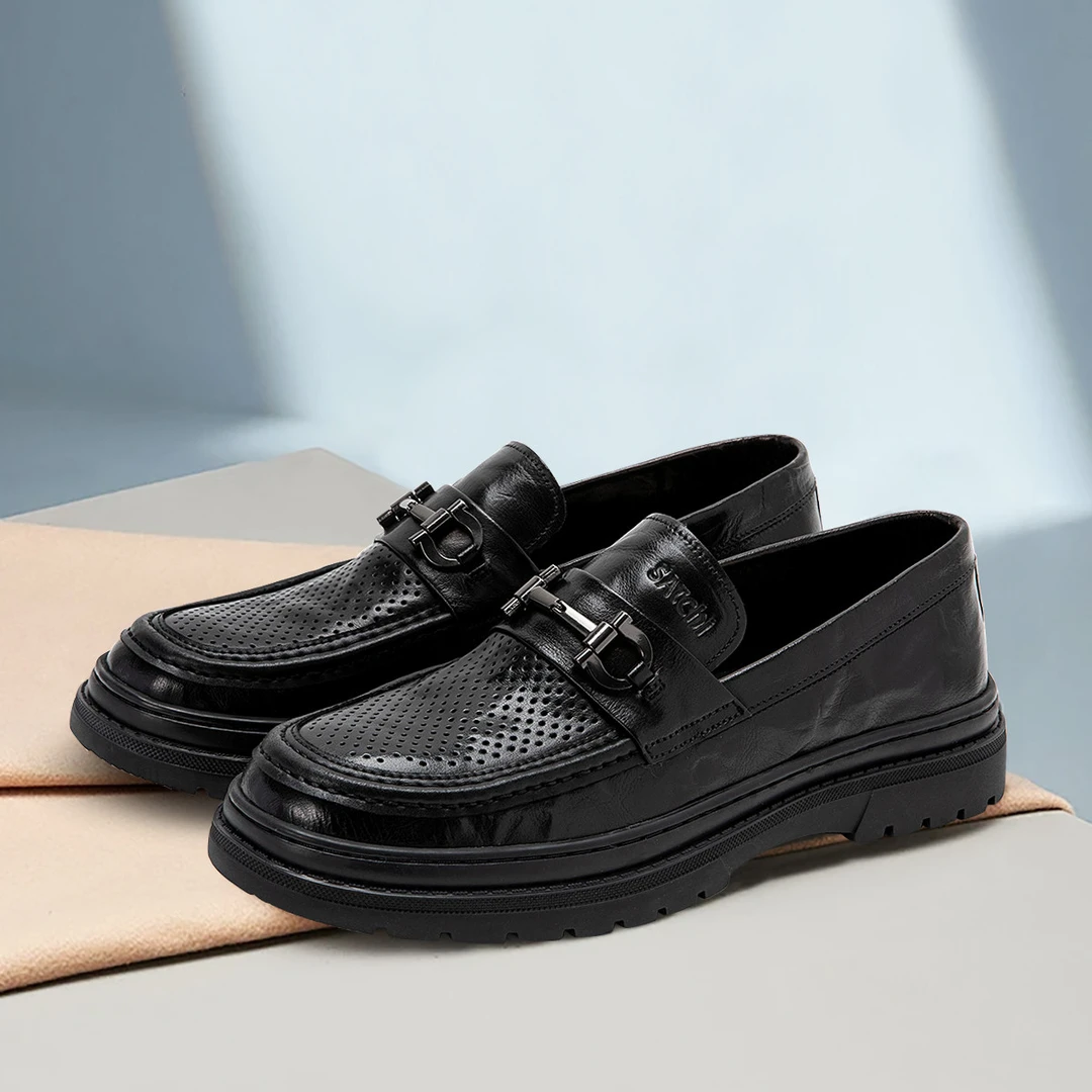 沙驰【头层牛皮】透气冲孔鞋轻便一脚蹬乐福鞋商务休闲皮鞋