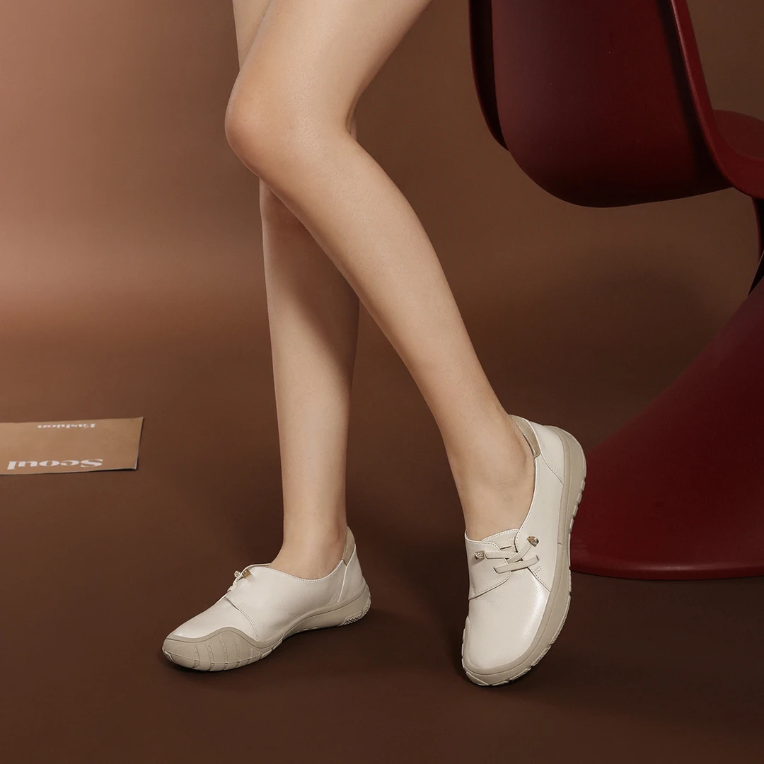 沙驰 牛皮加高脚背透气舒适一脚蹬妈妈鞋软底小白鞋休闲鞋
