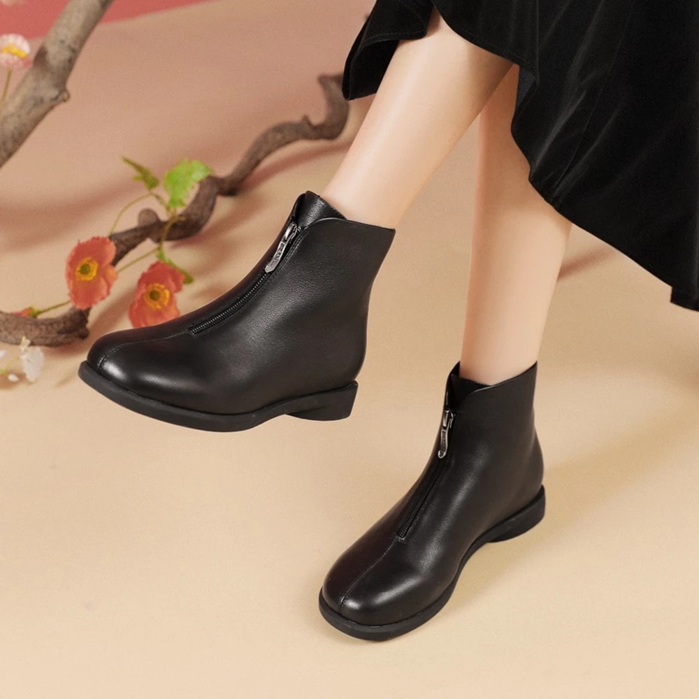 沙驰【绒里】头层牛皮短筒英伦风切尔西靴低跟休闲保暖女靴