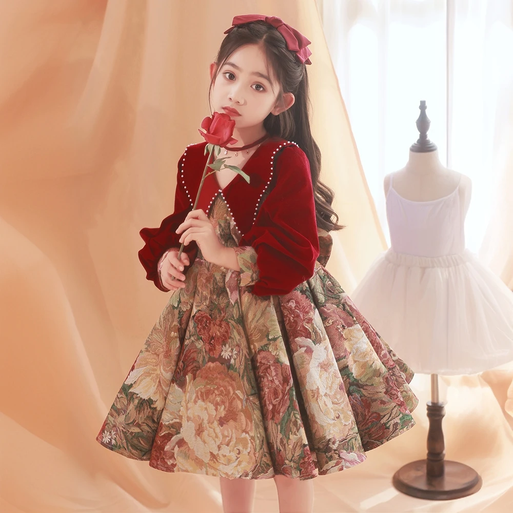 女童晚礼服秋冬玫瑰生日礼服公主裙花童婚礼钢琴小主持人演服装
