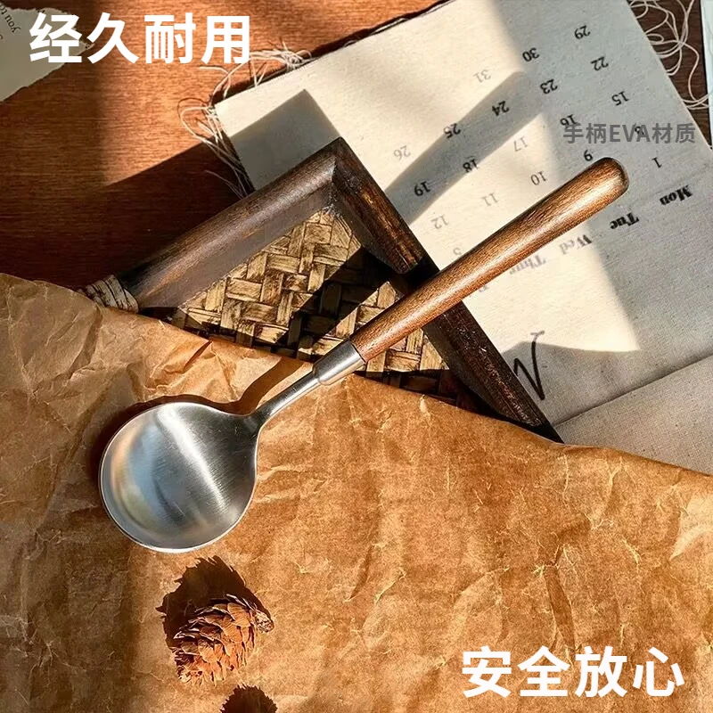 不锈钢西餐勺叉子仿胡桃木手柄长柄高颜值ins学生吃饭勺喝汤勺子