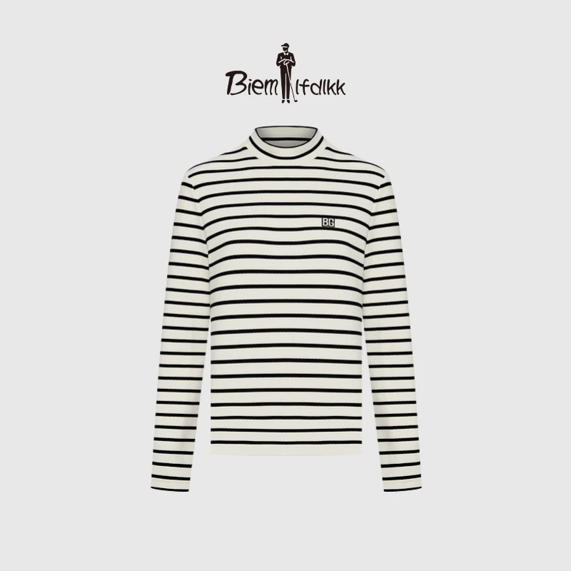 【竹节保暖绒】比音勒芬秋冬雅丹风女休闲经典条纹长袖高领T恤