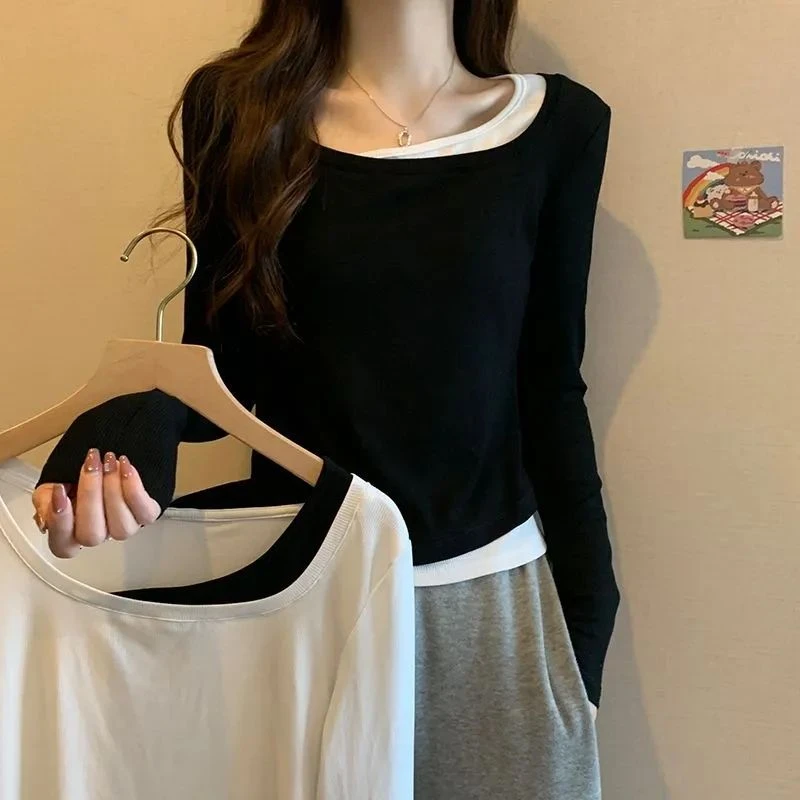 纯棉大码女装胖MM正肩长袖打底衫早秋新款设计感假两件别致上衣潮