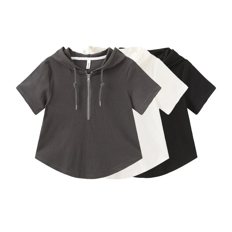 棉质大码胖MM正肩连帽短袖T恤上衣夏季2023新款不规则显瘦卫衣潮