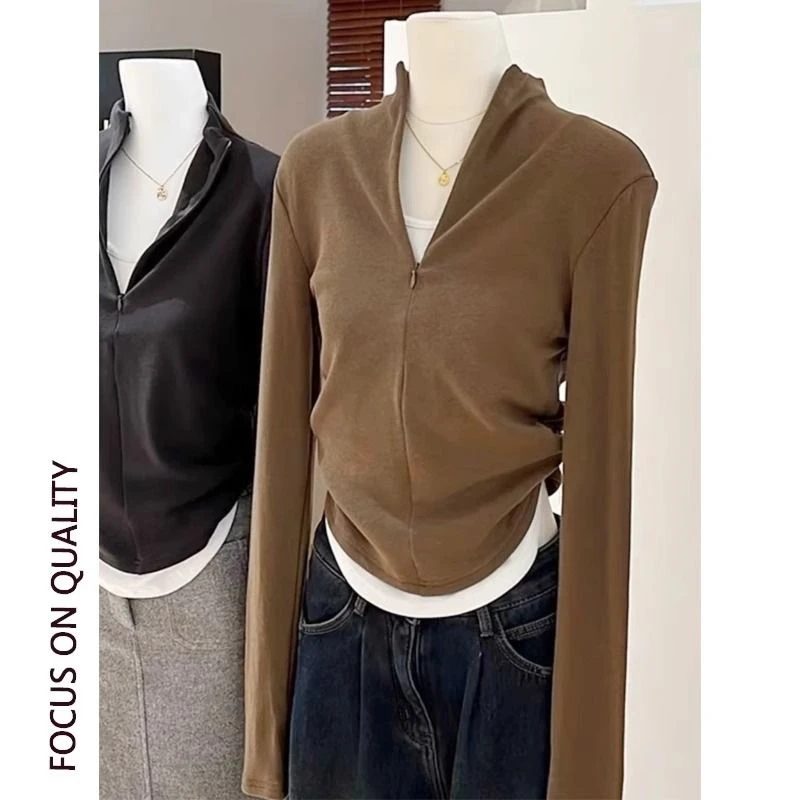 大码假两件打底秋冬长袖T恤女高级气质新款修身拉链半高领上衣ins