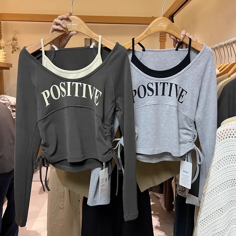 大码女装胖MM假两件长袖T恤女秋季新款显瘦假两件短款辣妹上衣ins