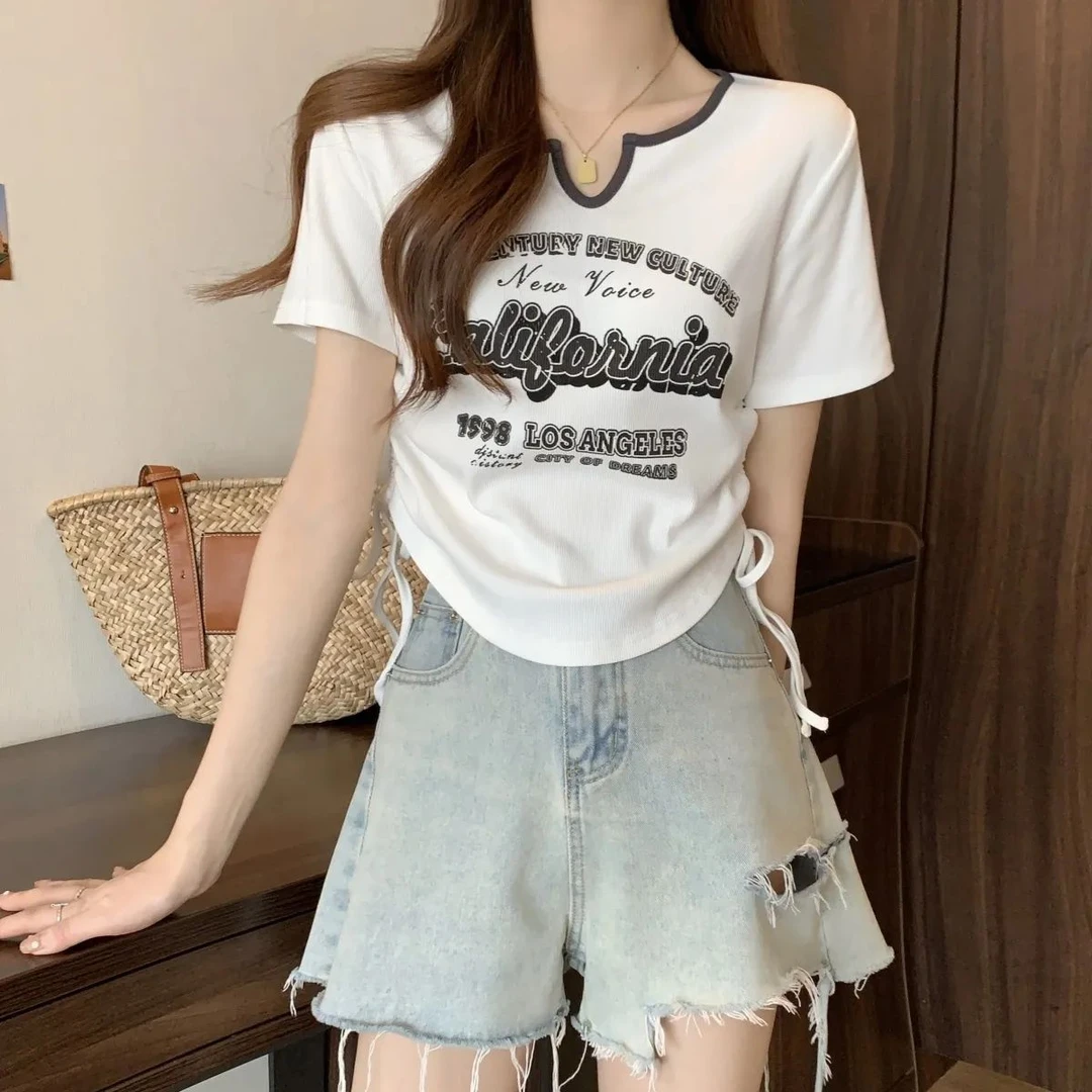 大码女装夏季新款美式辣妹短袖t恤设计感小众胖mm正肩上衣服ins潮